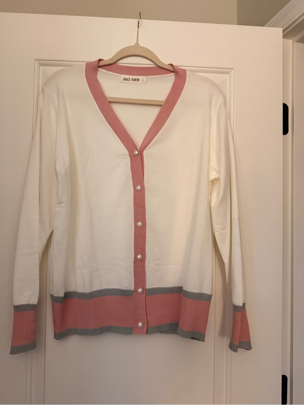 Grace Karin Cream Cardigan with Pink and Gray Trim